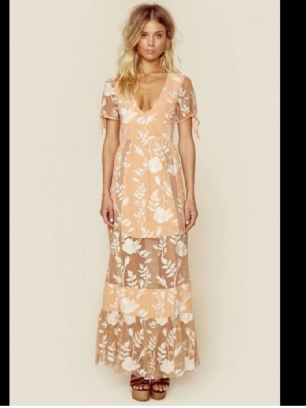 For Love & Lemons Mia Maxi Dress in Peach Floral Sheer Mesh Panels Size Medium - Picture 2 of 12